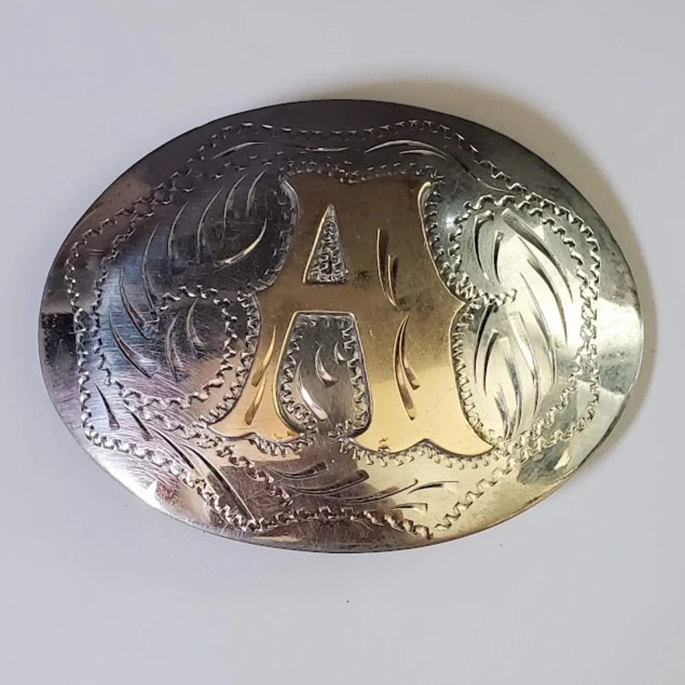 Initial A Western Belt Buckle Silver Gold Tone Engraved Floral Cowboy Monogram
